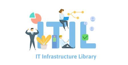 ITIL, Information Technology Infrastructure Library. Concept with keywords, letters and icons. Colored flat vector illustration. Isolated on white background.のイラスト素材