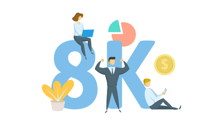 8K likes, followers online social media banner. Concept with keywords, letters, and icons. Colored flat vector illustration. Isolated on white background.のイラスト素材