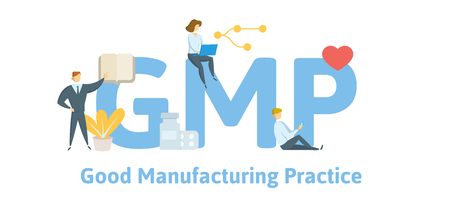 GMP, Good Manufacturing Practice. Concept with keywords, letters and icons. Colored flat vector illustration. Isolated on white background.のイラスト素材