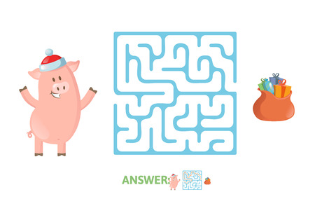 Winter Maze Game with funny Piggy character and answer. Help Piglet find his way in Labyrinth. Colorful flat vector illustration. Isolated on white background.のイラスト素材