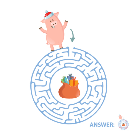 Winter Maze Game with funny Piggy character and answer. Help Piglet find his way in Labyrinth. Colorful flat vector illustration. Isolated on white background.のイラスト素材
