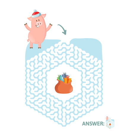 Winter Maze Game with funny Piggy character and answer. Help Piglet find his way in Labyrinth. Colorful flat vector illustration. Isolated on white background.のイラスト素材