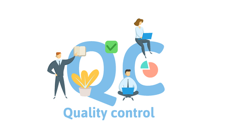 QC, Quality Control. Concept with keywords, letters and icons. Colored flat vector illustration. Isolated on white background.のイラスト素材