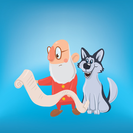Happy laughing Santa Claus with dog. New year and Christmas cards for year of the dog according to the Eastern calendar. Vector Characters Illustration.のイラスト素材