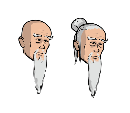 Head of an old asian men, cartoon isolated vector illustration. Set of two heads, isolated obn white background.のイラスト素材