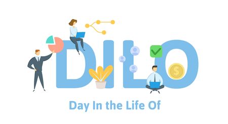 DILO, Day in the Life Of. Concept with people, letters and icons. Colored flat vector illustration. Isolated on white background.のイラスト素材