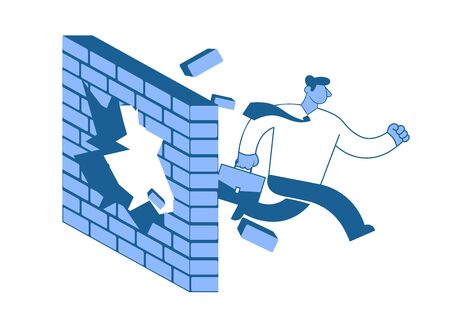 Businessman in white shirt breaks down the wall as he runs to his goals. Race for success. Concept flat vector illustration, isolated on white background.のイラスト素材
