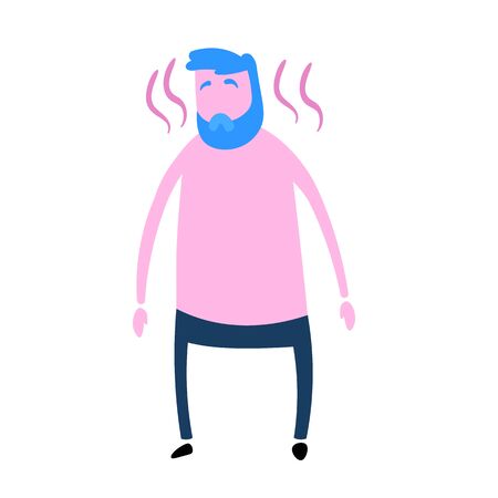 Guy feeling hot and sick. Heat, sun stroke, sickness. Colorful flat vector illustration. Isolated on white background.のイラスト素材