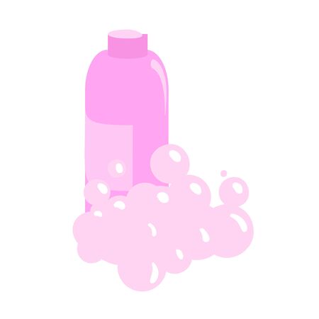 Pink shampoo bottle with foam. Cartoon design icon. Flat vector illustration. Isolated on white background.のイラスト素材