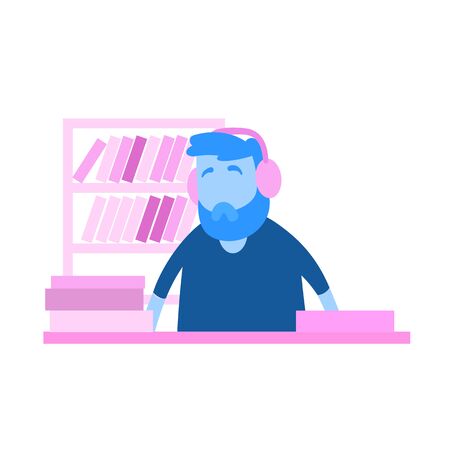 Elderly man, senior man with headphones listening to the music. Flat design icon. Colorful flat vector illustration. Isolated on white background.のイラスト素材