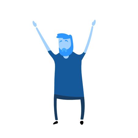 Cartoon guy raised his hands up. Cartoon design icon. Flat vector illustration. Isolated on white background.のイラスト素材