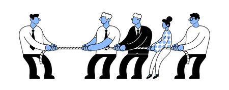 Businessman leader tug of war against team of employees.のイラスト素材