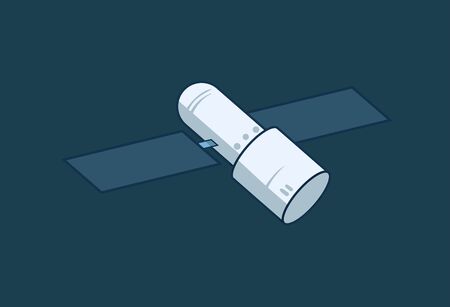 Cartoon space station, starship. Flat vector illustration on blue background.