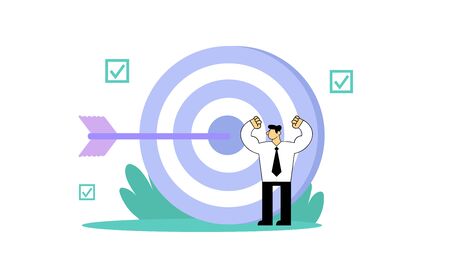 Businessman standing in front of big dartboard with an arrow in its center.のイラスト素材