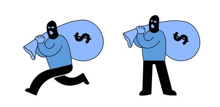 Masked thief or bank robber carrying a sack of money and running away, Cartoon character set of two. Cartoon flat vector illustration. Isolated on white background.のイラスト素材