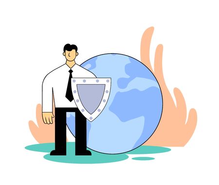 Man with a shield protects planet. Environmental problems, global warming, eco activism. Cartoon flat vector illustration. Isolated on white background.のイラスト素材