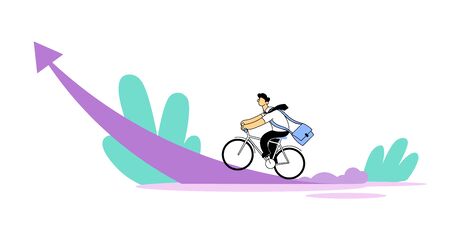 Student riding bike on the rising arrow. Education, career, start-up concept. Cartoon flat vector illustration. Isolated on white background.のイラスト素材