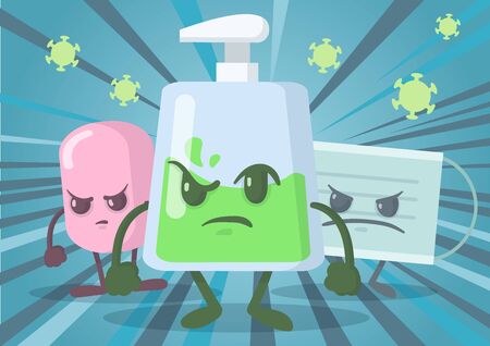 Hand wash gel, soap, and medical mask cartoon hero characters funny composition. Fight coronavirus with health hygiene concept. Flat vector illustration, horizontal.のイラスト素材