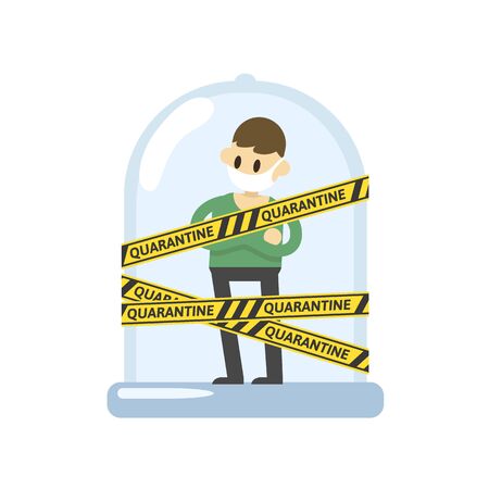 Young cartoon man under a glass dome with yellow-black quarantine barricade tape wrapped around it. Covid-19 pandemic, coronavirus quarantine concept. Flat vector illustration, isolated.のイラスト素材