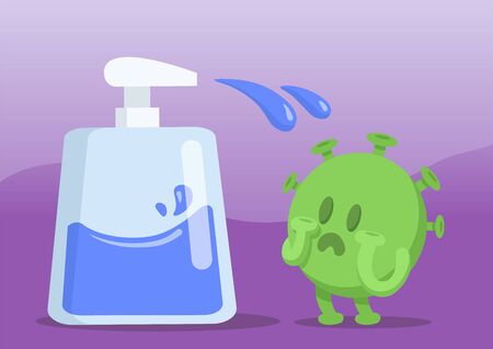 Green virus character scared of spraying wash gel. Fight coronavirus with health care. Quarantine, COVID-19 world outbreak. Funny colorful flat vector illustration, horizontal.のイラスト素材
