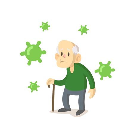 Elderly man with a cane and viruses flying around him. Coronavirus prevention, world quarantine. Cartoon design colorful flat vector illustration, isolated on white background.のイラスト素材