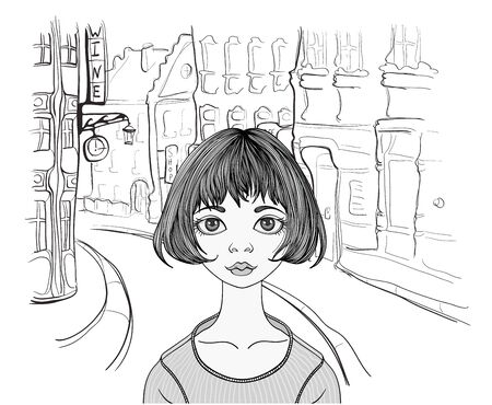 Teenage girl on empty street in the city standing alone. Hand-drawn stylized portrait of sad female character with big eyes. Black and white vector illustration on white background.のイラスト素材
