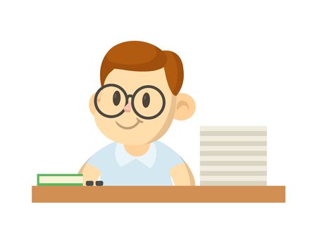 Smailing cartoon nerdy character in big glasses behind the study desk. Colorful flat vector illustration, isolated on white background.のイラスト素材