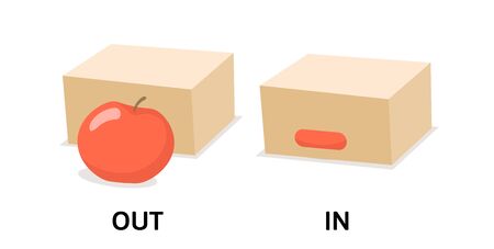 Words in and out opposites flashcard with cartoon box and apple. Opposite prepositions explanation card. Flat vector illustration, isolated on white background.のイラスト素材