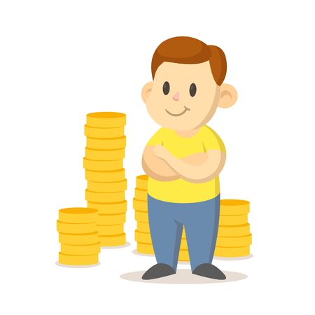 Smiling boy standing in fron of big pile of golden coins. Rich, lucky young man, cartoon character design. Colorful flat vector illustration, isolated on white background.のイラスト素材