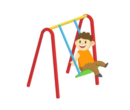 Happy smiling boy swinging on a swing. Cartoon flat vector illustration, isolated on white background.のイラスト素材