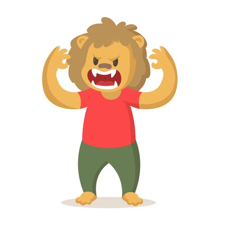 Funny cartoon lion roaring, cartoon character. Colorful flat vector illustration, isolated on white background.のイラスト素材