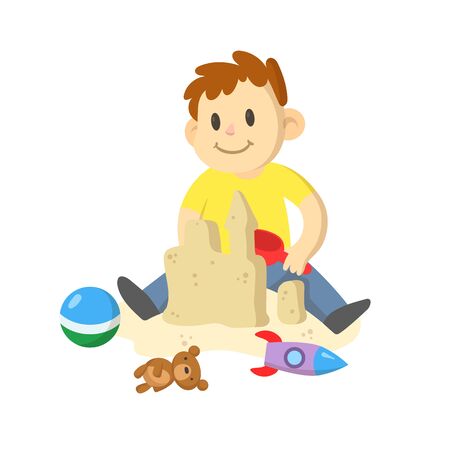 Happy smiling kid building a sand castle. Outdoor activity. Colorful flat vector illustration, isolated on white background.のイラスト素材