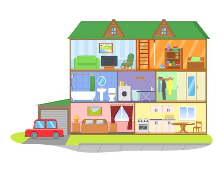 Three-storie house model cross section. Rooms with furniture, detailed interior. Colorful flat vector illustration, isolated on white background.のイラスト素材