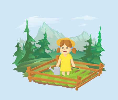 Girl taking care of plants in the garden. Cartoon female character waters plants. Mountain landscape in the background. Vector illustration.のイラスト素材