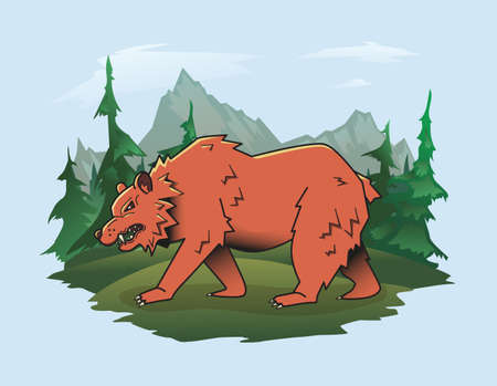 Bear on the background of a mountain landscape. Vector illustration.のイラスト素材