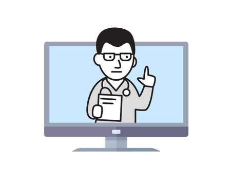 The doctor consults the patient from the monitor screen. Remote patient reception, telemedicine. Vector illustration in flat style, isolated on white.のイラスト素材