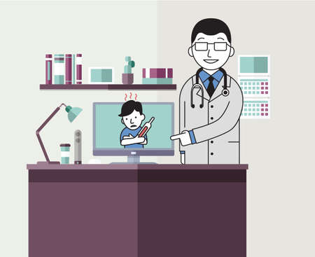 The doctor in his office consults the patient online. Remote patient reception, telemedicine. Vector illustration in flat style.のイラスト素材