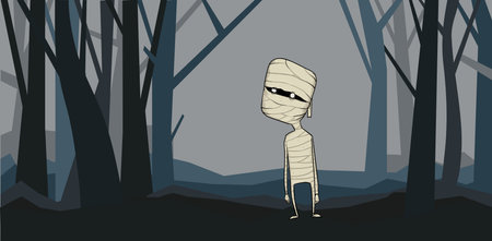 A mummy standing in the night forest. A zombie wrapped in bandages among the trees. Halloween vector illustration.のイラスト素材