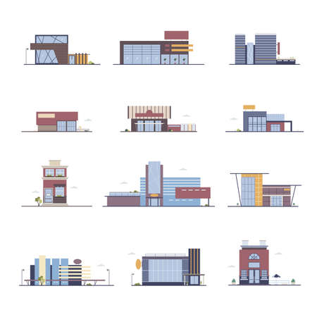 shop, supermarket, shopping center, store buildings set in flat styleのイラスト素材