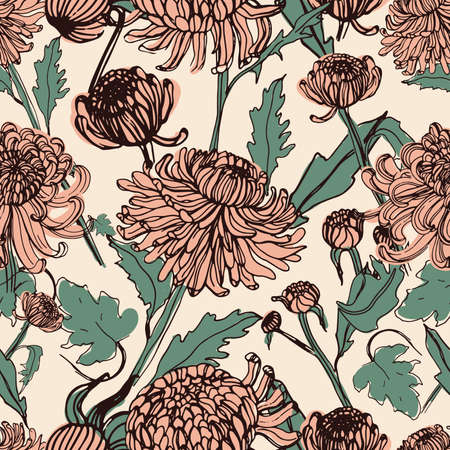 Japanese chrysanthemum hand drawn seamless pattern with buds, flowers, leaves. Vintage style illustration.のイラスト素材