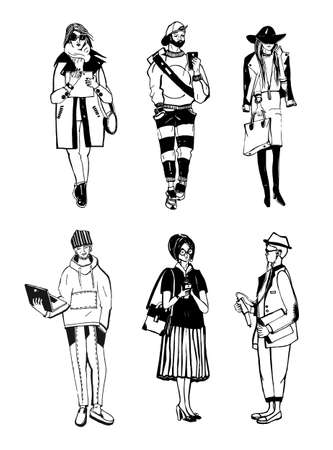 Set of stylish people with gadgets at street, sketch fashion collection. Vector illustrationのイラスト素材