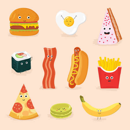 funny food cartoon characters isolated vector illustration. face icon pizza, cake, scrambled eggs, bacon, banana, burger, hot dog, roll, french fries.のイラスト素材