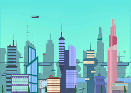 future city flat illustration. urban cityscape template with modern buildings and futuristic traffic. banner for web design.のイラスト素材
