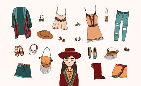 Bohemian fashion style set. Boho and gypsy clothes, accessories collection. Colorful hand drawn illustration.のイラスト素材