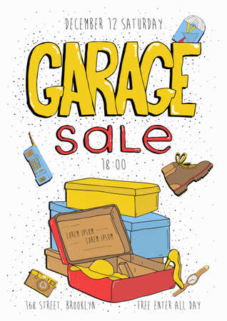 Garage sale poster, event invitation. Hand drawn colorful illustration with old goods.のイラスト素材
