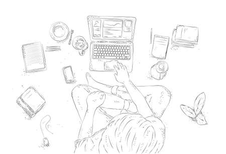 Human with laptop at home, sitting on the floor. Hand drawn contour illustration, young man top view on white background.のイラスト素材