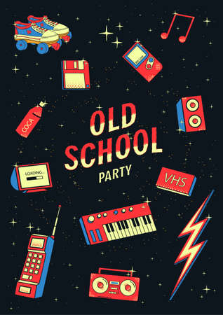 old school elements set. retro and disco illustration with synthesizers, tape recorder, phoneのイラスト素材
