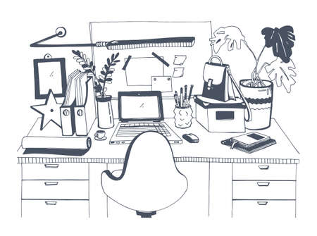 Creative modern workplace with laptop, hand drawn vector illustration, sketch style.のイラスト素材