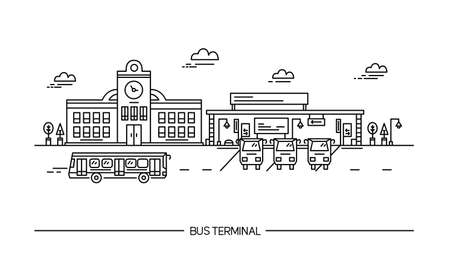 Line art bus terminal, station. illustration in flat style.のイラスト素材