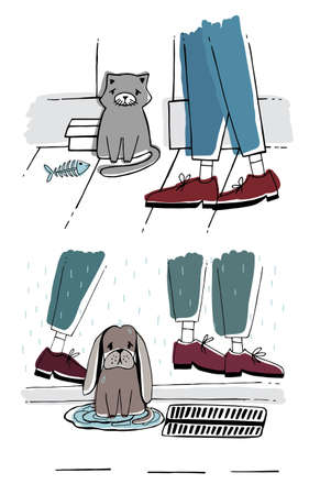 The stray cat and dog outside. Homeless pets with sad look.のイラスト素材